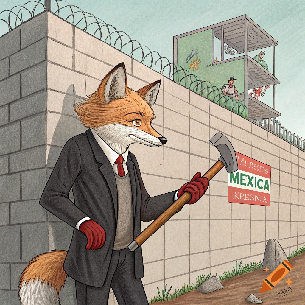 A cartoon illustration of an anthropomorphic fox in a suit holding a hammer near a wall with barbed wire and a sign that says "MEXICA".