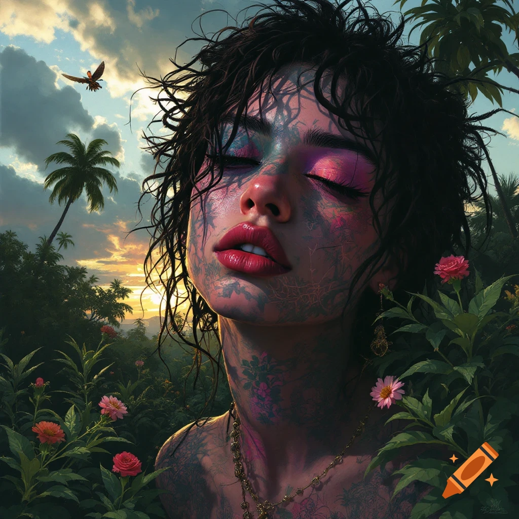 Artistic portrait of a woman with intricate body paint in a tropical setting at sunset