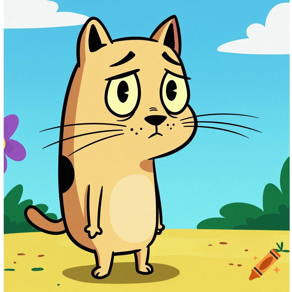A simple cartoon drawing of a sad-looking cat standing outdoors.