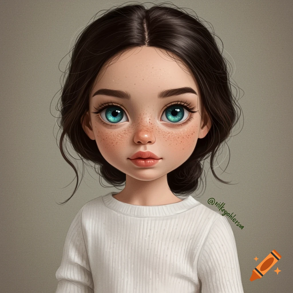 Illustration of a girl with large blue eyes, freckles, and dark hair wearing a white shirt.