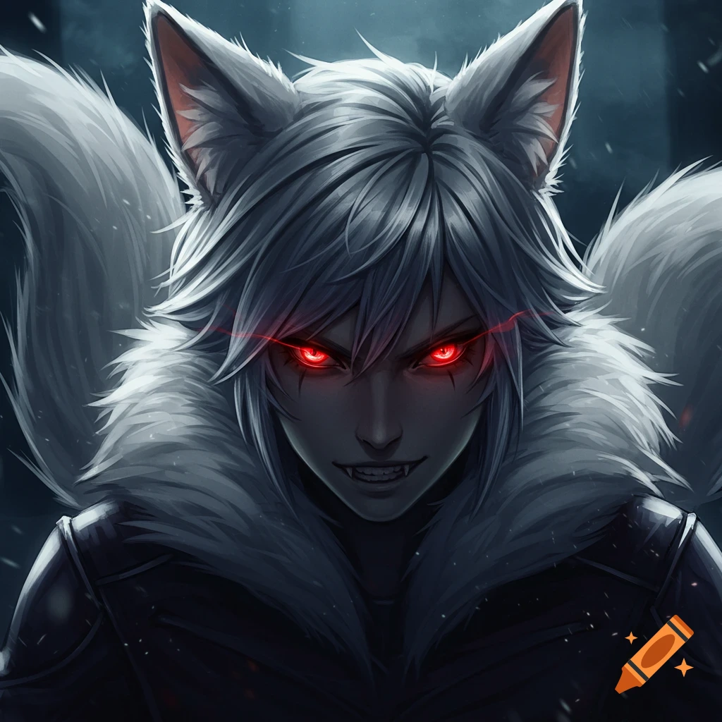 Anime portrait of a character with silver hair, fox ears and multiple tails, and glowing red eyes staring menacingly.