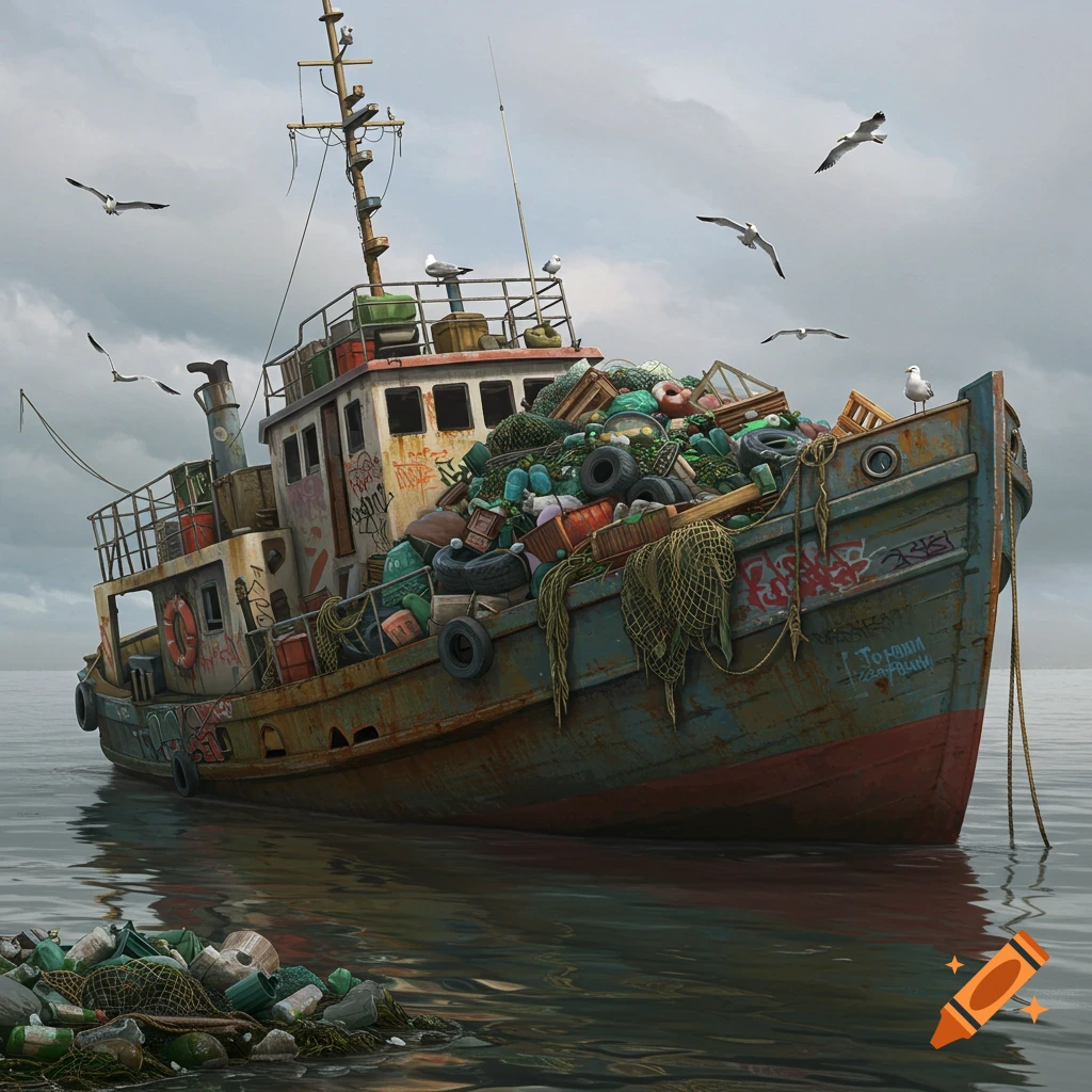 Illustration of a derelict boat overloaded with trash floating in cloudy water with seagulls.