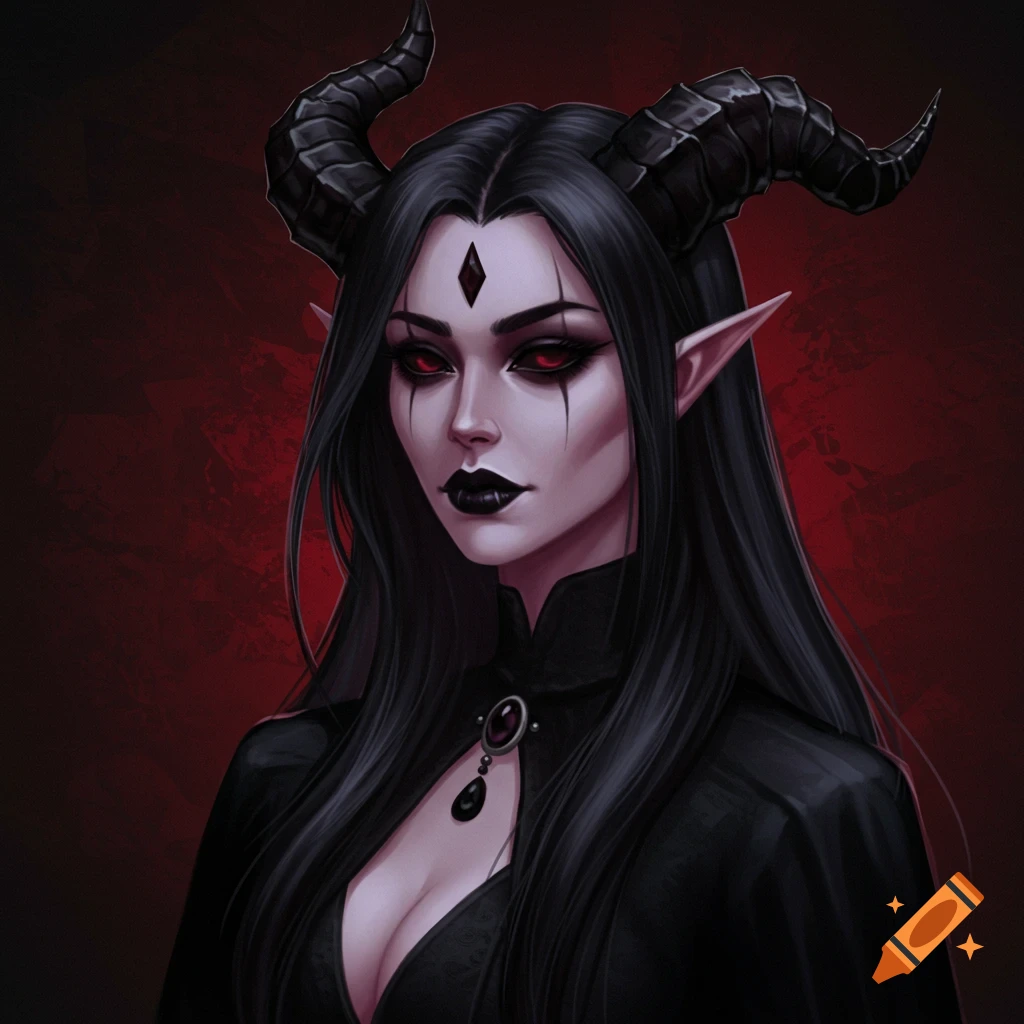 Portrait of a demonic fantasy character with horns, red eyes, and long black hair.
