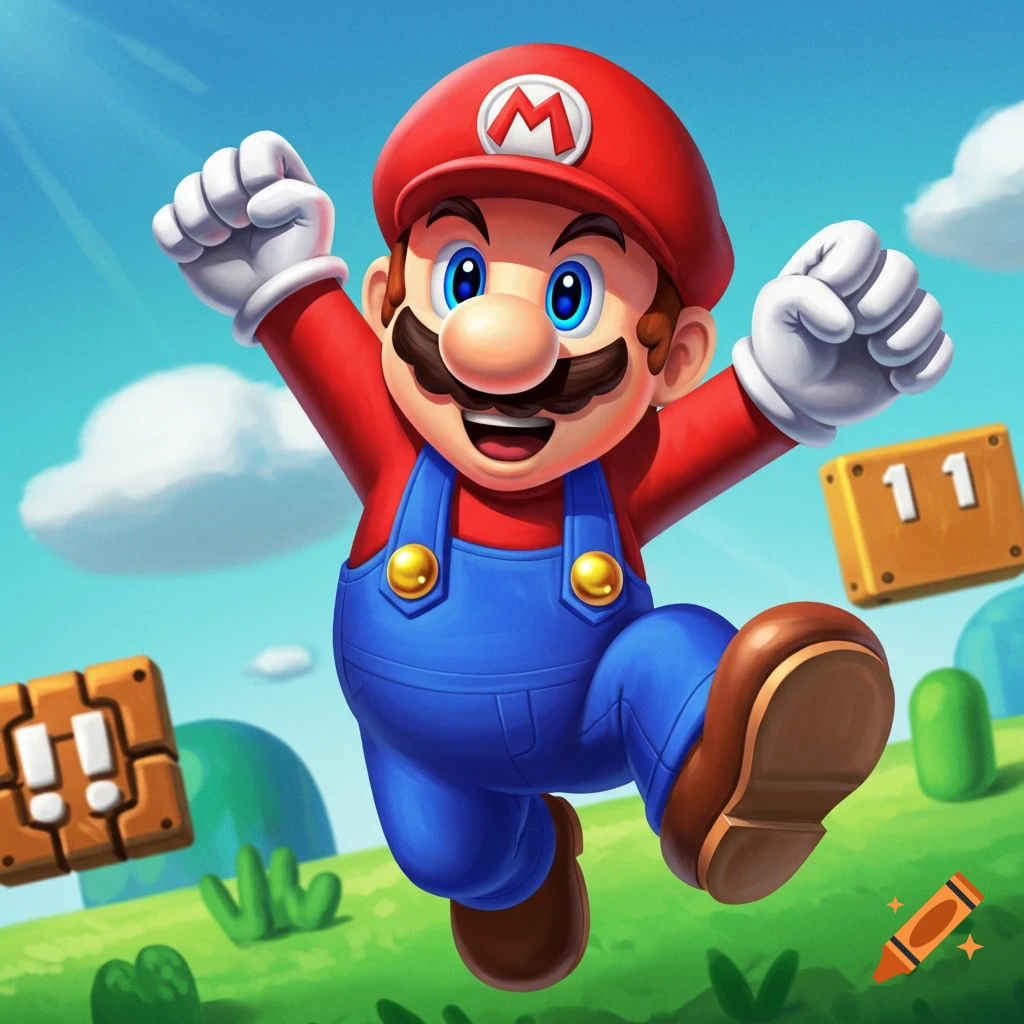 Cartoon illustration of Mario jumping enthusiastically in a bright outdoor setting with game blocks.