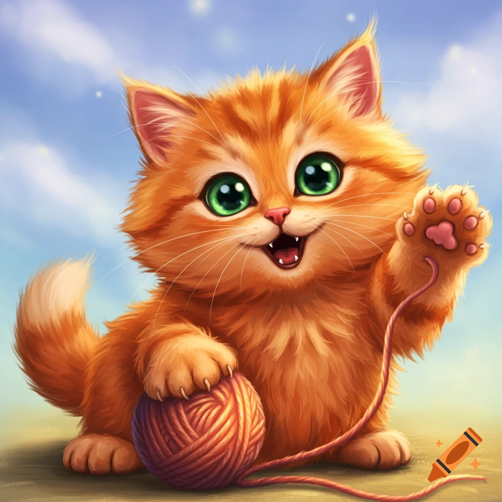 A cute orange cartoon kitten playing with a ball of yarn.