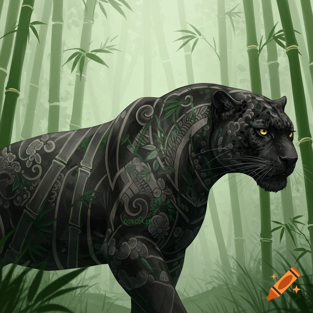A black panther with intricate, green, leafy tattoo-like patterns walks through a misty bamboo forest.
