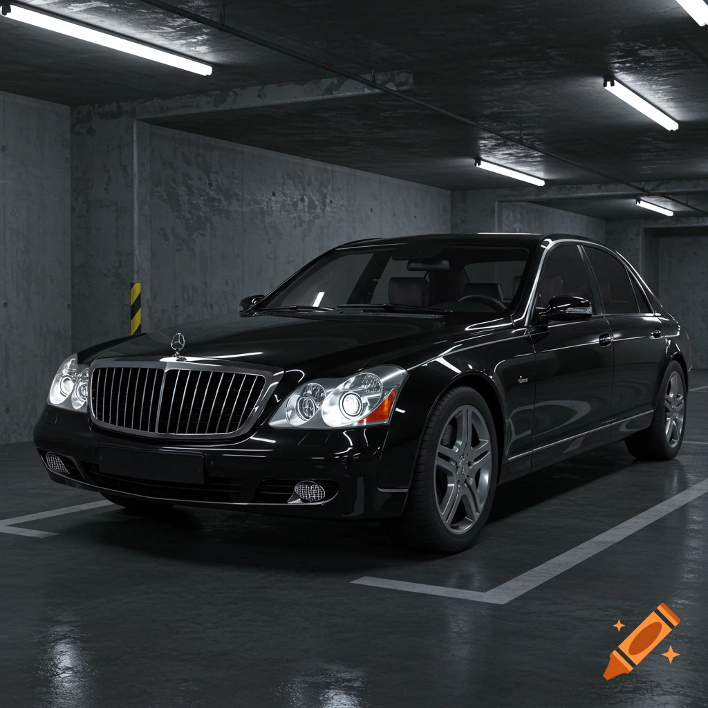 A black luxury sedan parked in a dimly lit concrete parking garage.