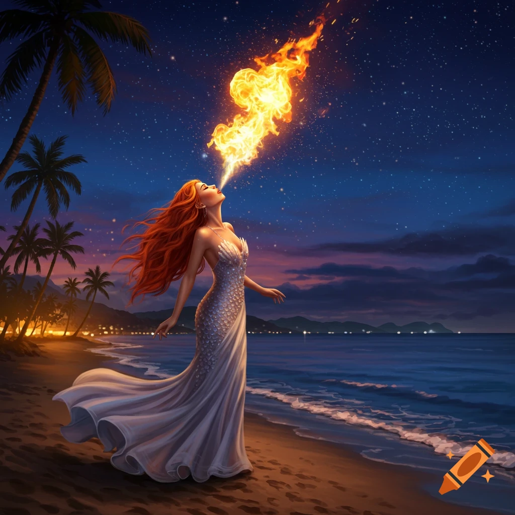 A painting of a woman fire breathing on a beach at night