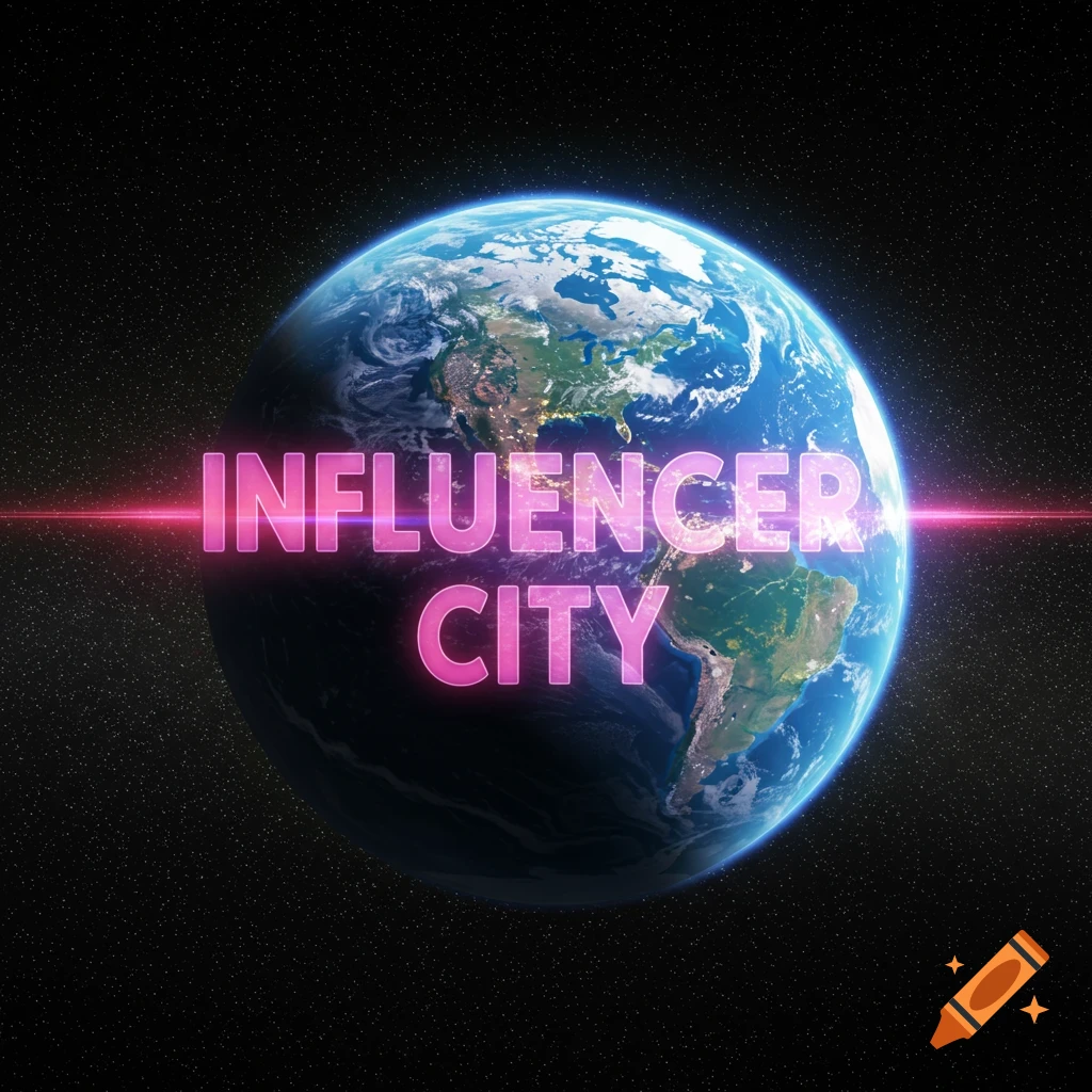 The Earth seen from space with bright pink text 'INFLUENCER CITY' across it.