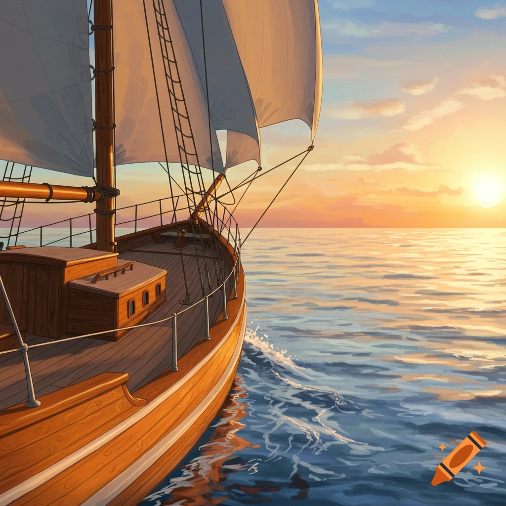 A sailboat with white sails drifts on the ocean at sunset.