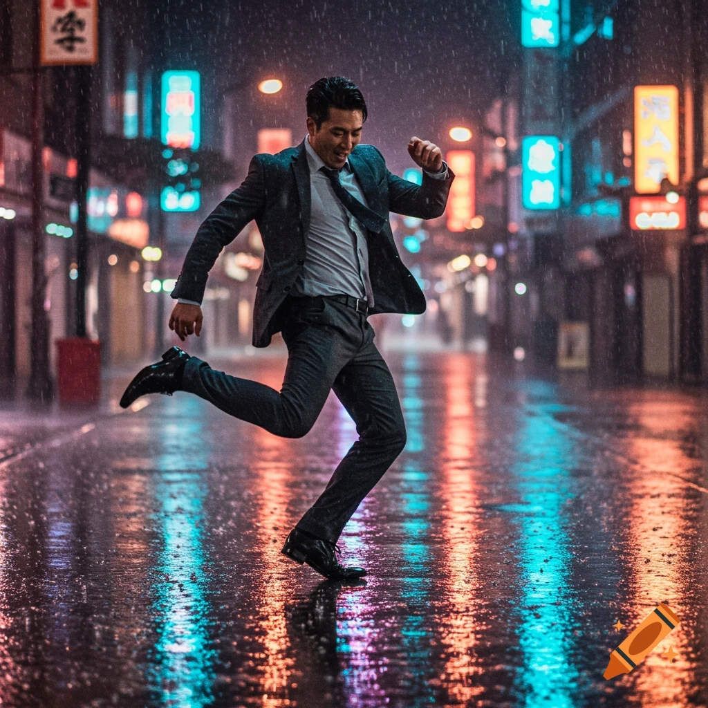 Man in a suit dances in the rain on a city street with colorful light reflections.