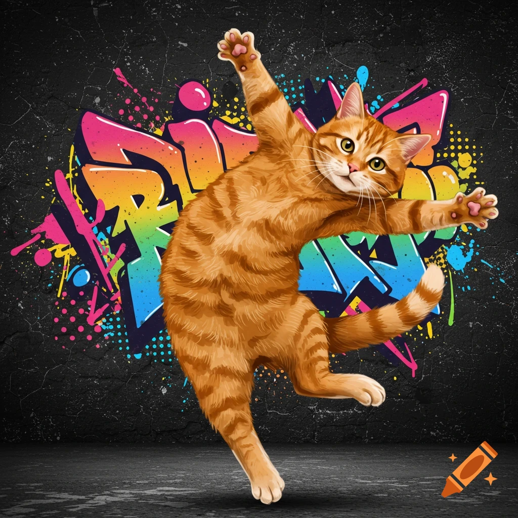 A cartoon orange tabby cat jumps in front of a colorful graffiti wall.