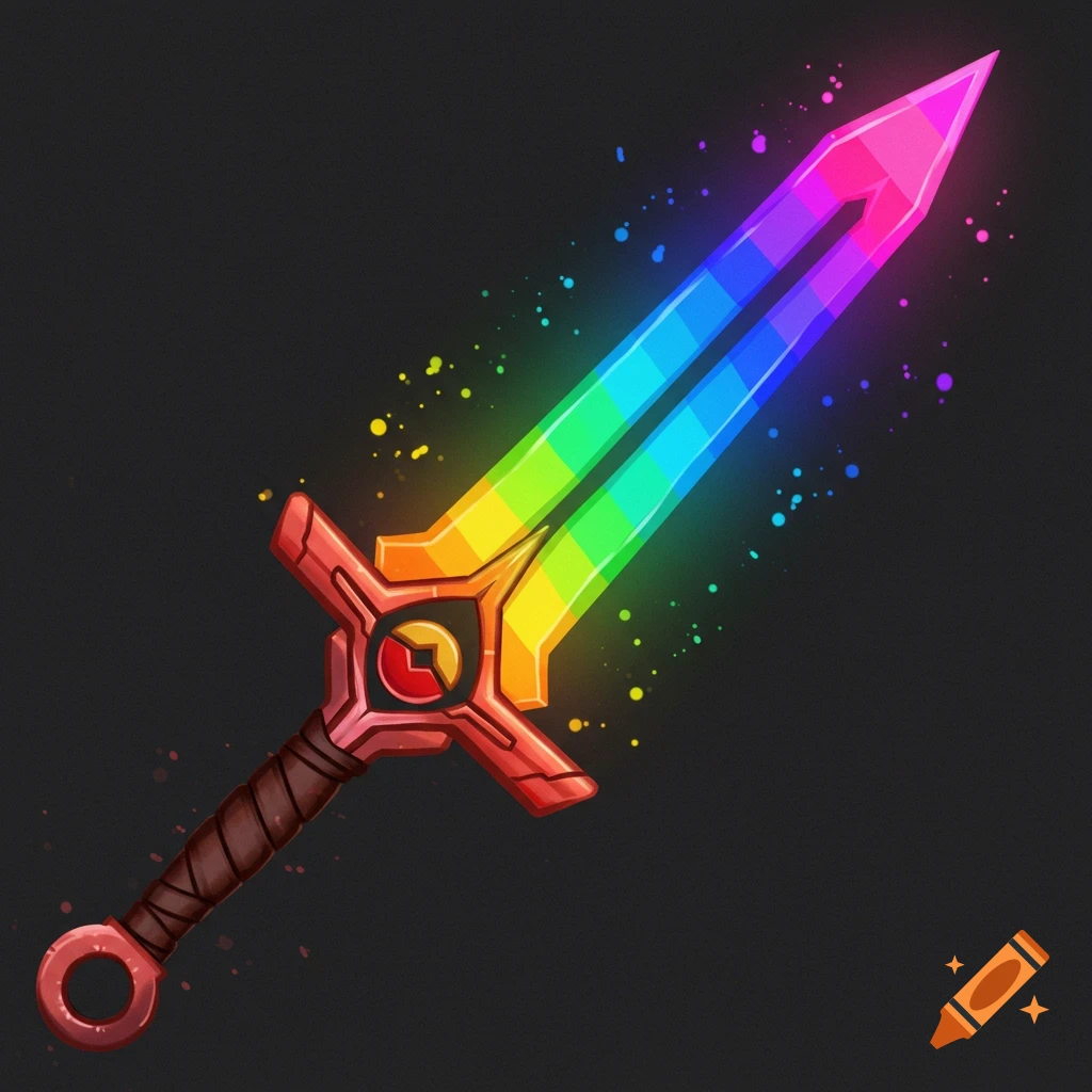 A stylized rainbow-colored sword with red hilt and colorful paint splatter effects against a dark background.