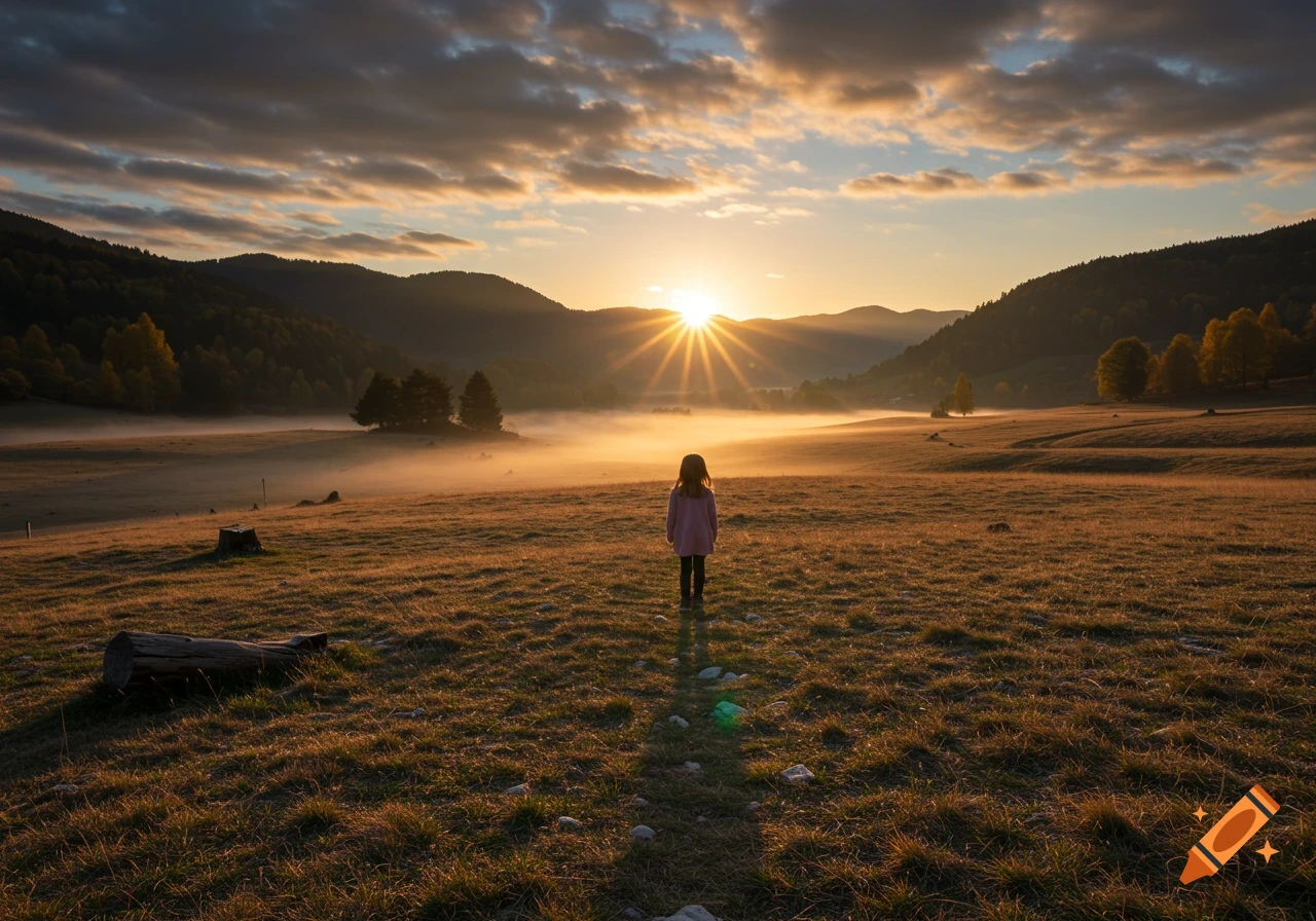 A child stands in a foggy field looking towards a bright sunrise over mountains. Photorealistic style.