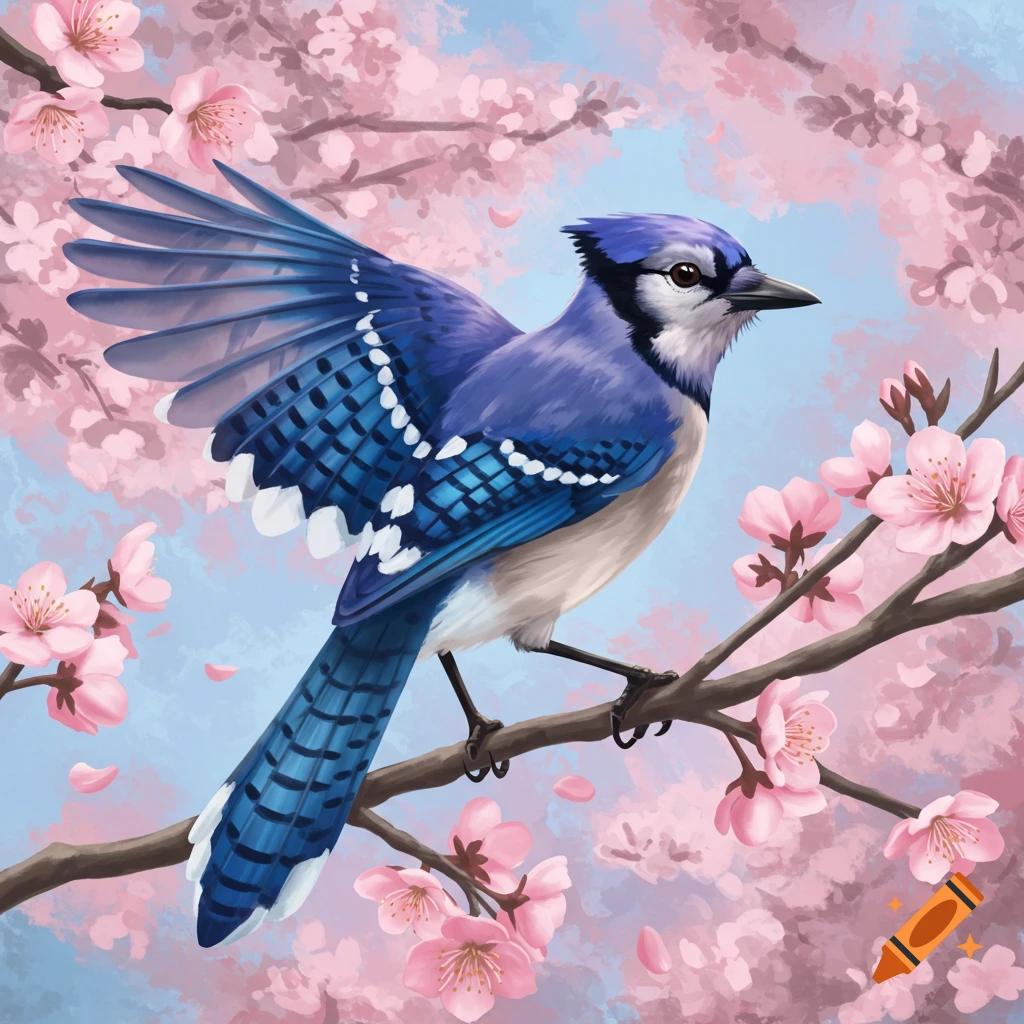 A blue jay bird perches on a branch among pink cherry blossoms and petals in an illustration.