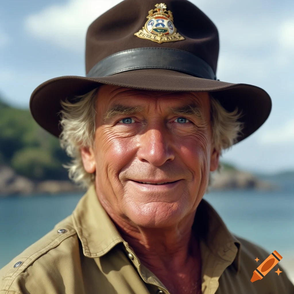 Close-up photorealistic portrait of an older man in a brown hat and khaki shirt, smiling, with a tropical beach background.