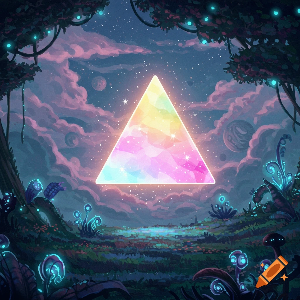 A glowing, colorful triangle floats above a magical landscape with glowing plants under a starry sky and planets. Illustration.