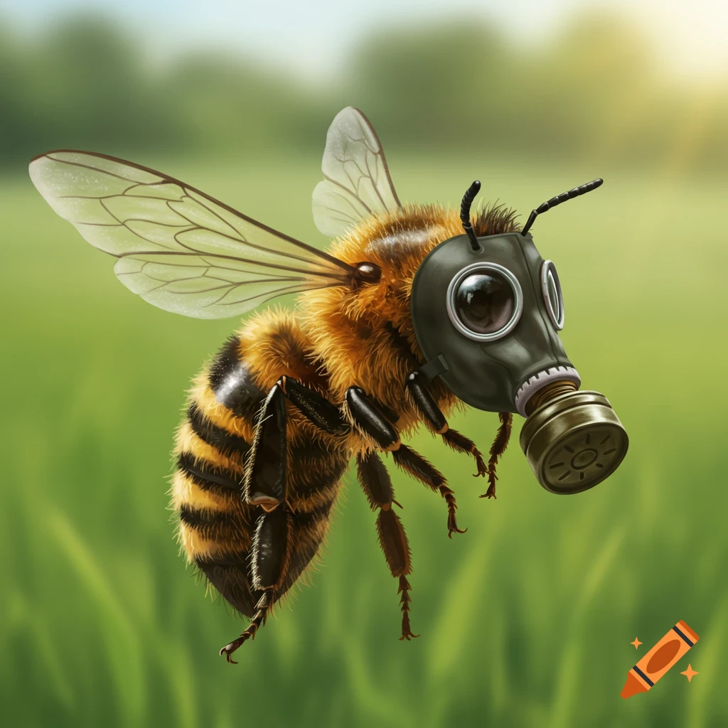 A honey bee flies in a field wearing a black gas mask.