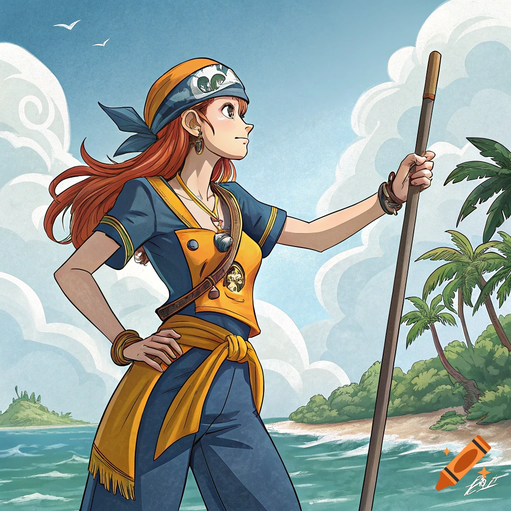 Red-haired anime character on a tropical beach with a staff, looking towards the horizon.