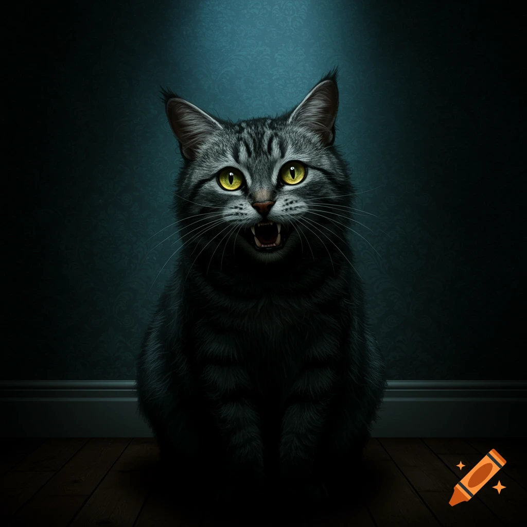 A dramatic portrait of a scary-looking gray tabby cat with glowing yellow eyes in a dark room.