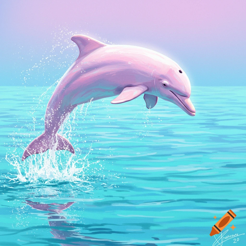 A pink dolphin jumps out of blue water in a painting.