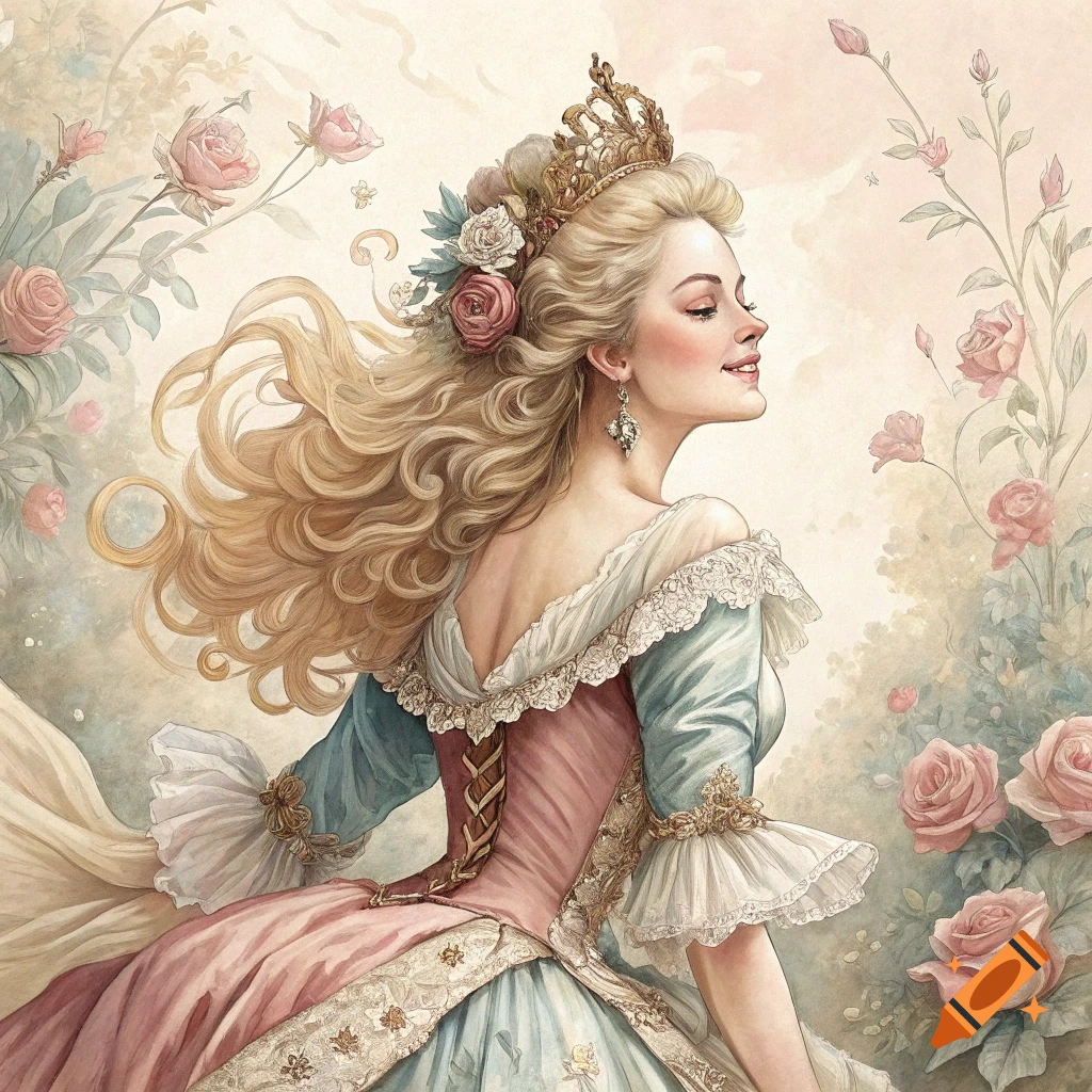 Illustration of a woman in historical dress and crown smiling in a rose garden.