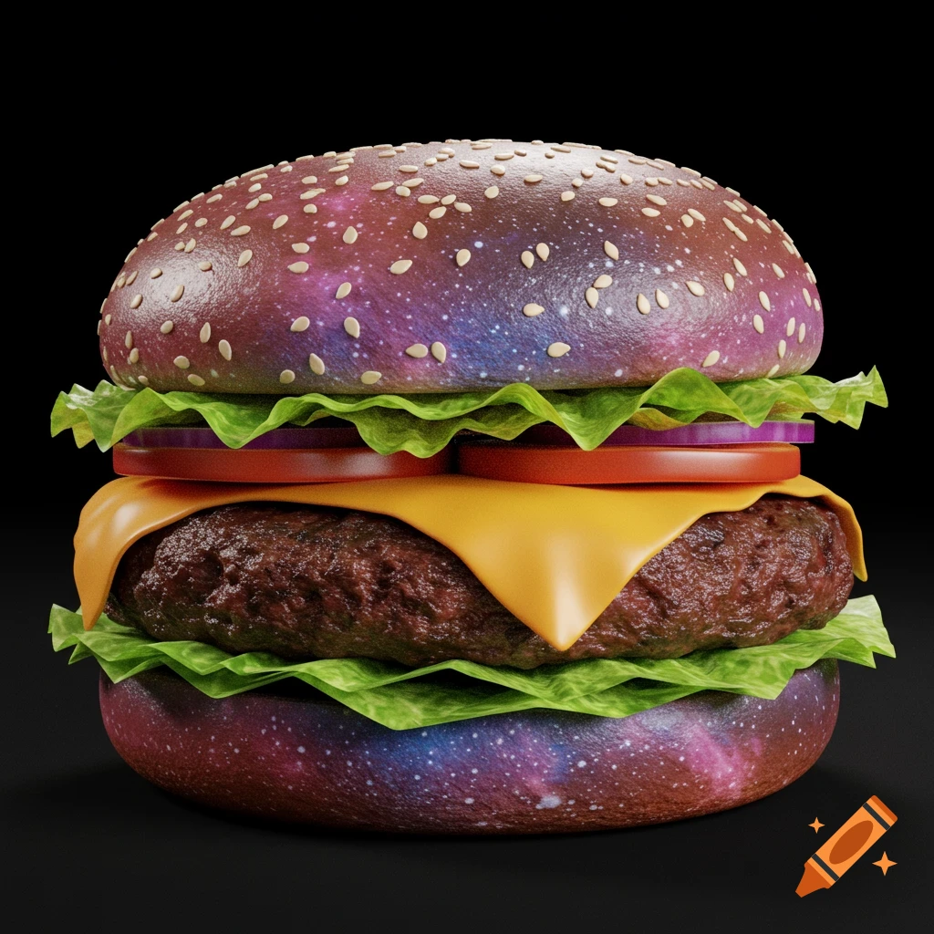 A realistic rendering of a hamburger with buns patterned like a galaxy.