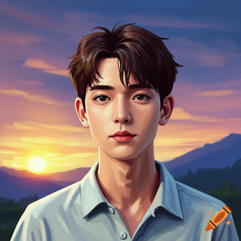 Stylized portrait of a young man in a light blue shirt against a vibrant sunset sky and mountains.