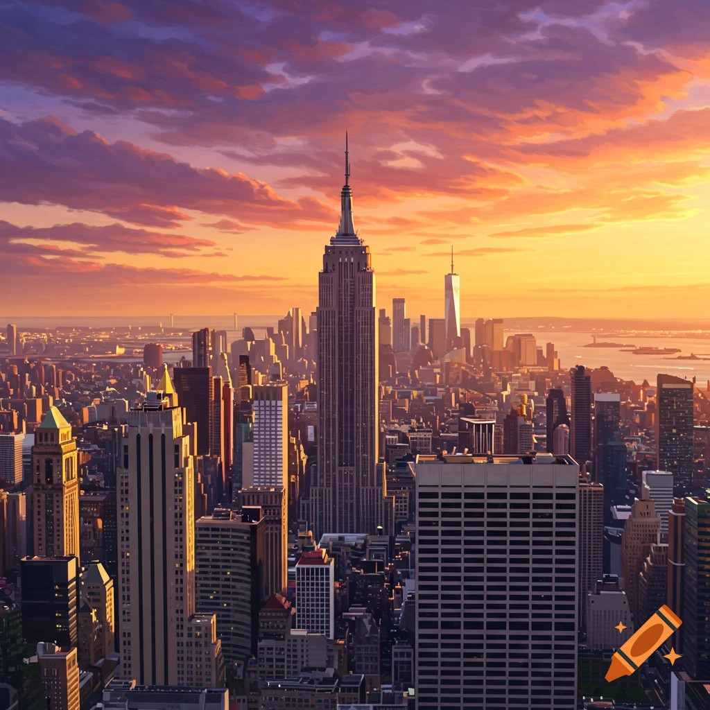 Panoramic view of the New York City skyline including the Empire State Building at sunset.