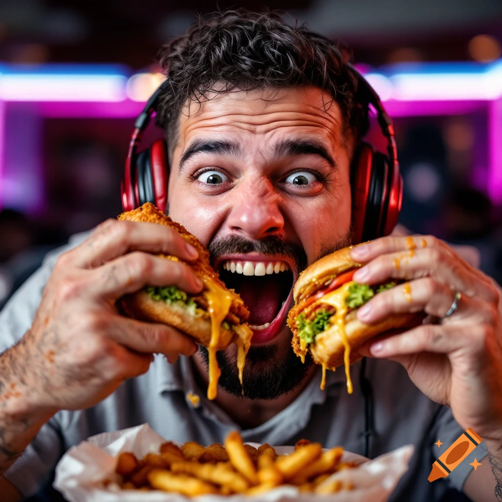 Man wearing headphones eating two messy burgers and fries with a wide-eyed, open-mouthed expression.