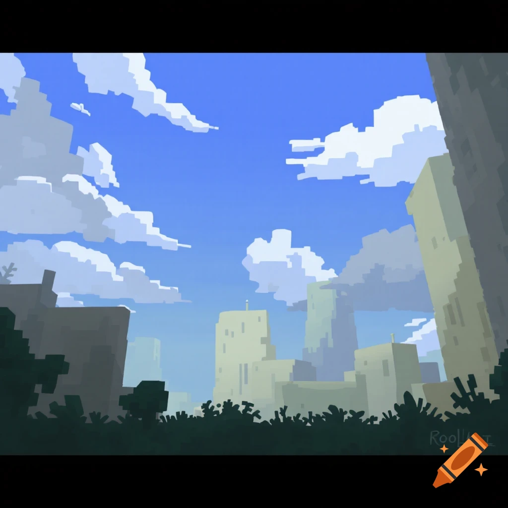 Pixel art cityscape under a cloudy blue sky