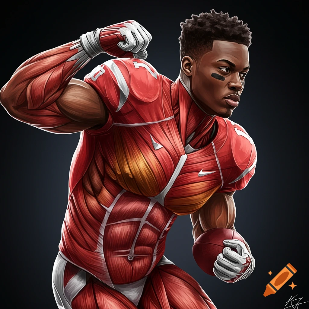 Stylized illustration of an American football player flexing, showing exposed muscles under a red uniform, holding a football.