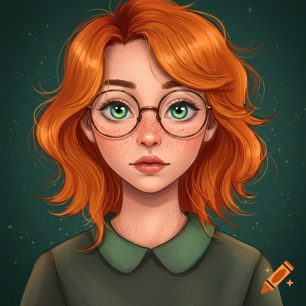 Illustration of a girl with orange hair, glasses, freckles, and green eyes.
