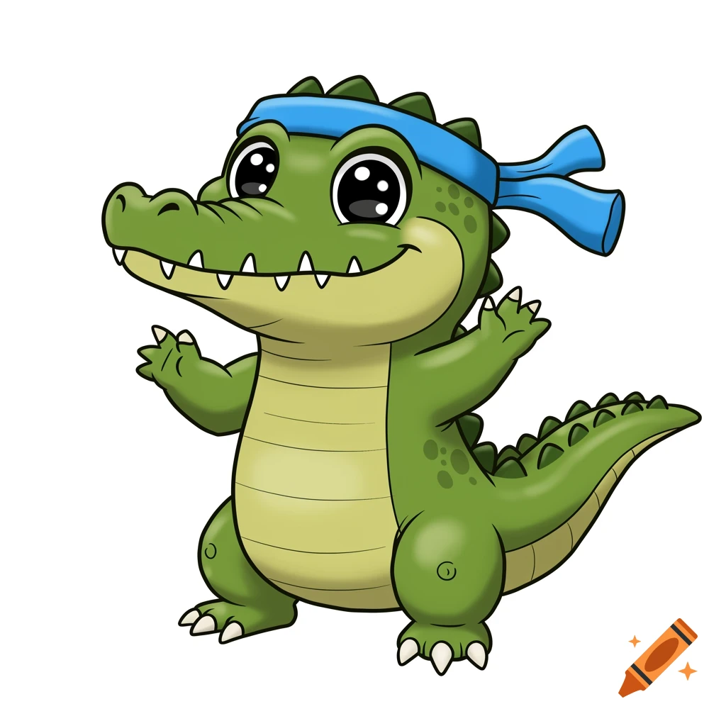 A cute cartoon crocodile with a blue sweatband poses.