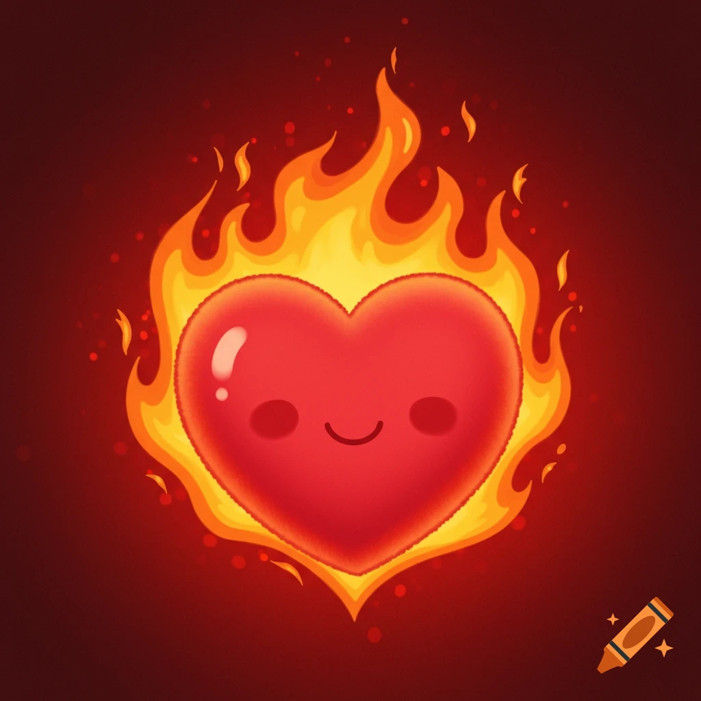 A cute smiling red heart surrounded by flames in an illustration style.