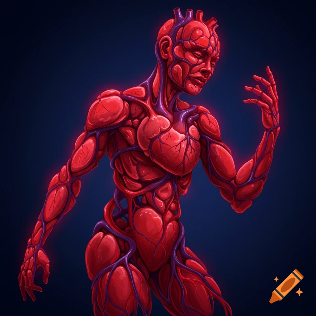 A stylized human figure composed entirely of red hearts and purple blood vessels against a dark blue background.