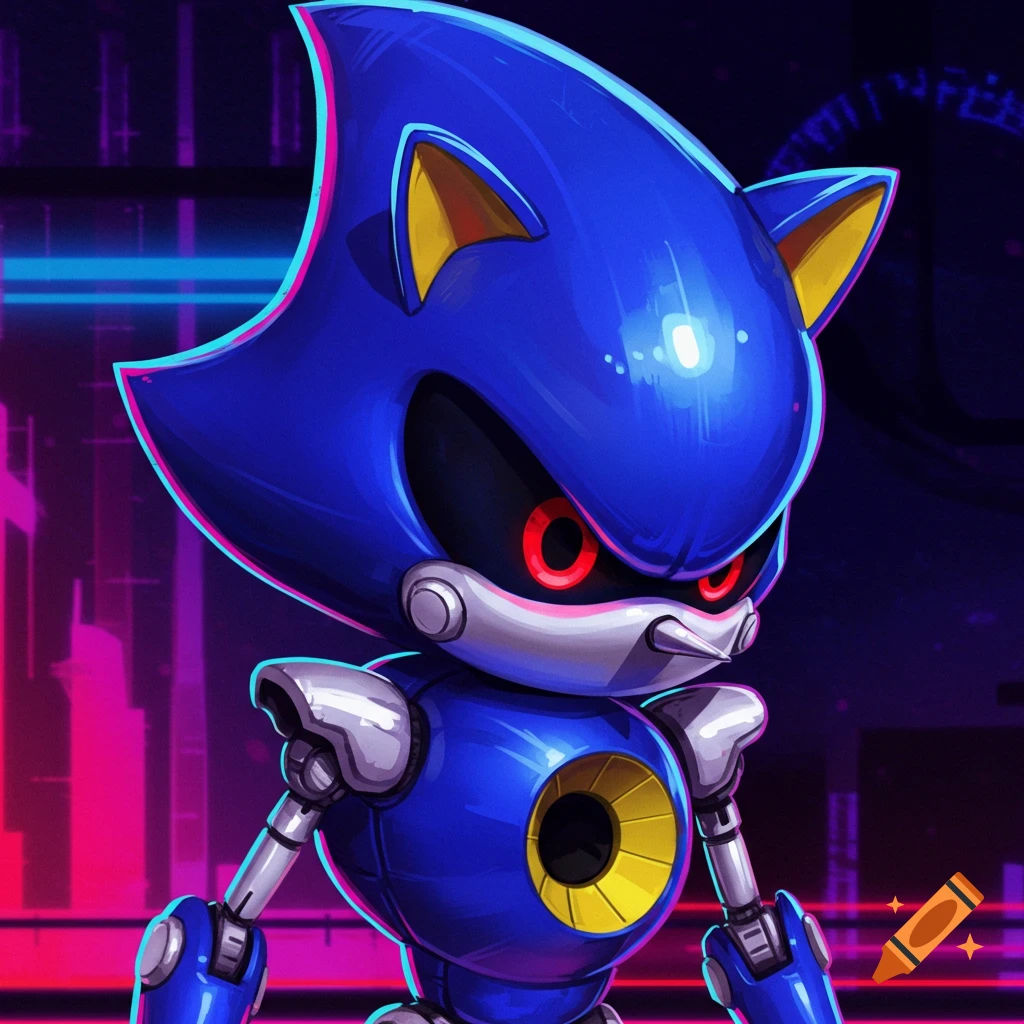 Stylized illustration of Metal Sonic, a blue robot with red eyes, standing in a futuristic city with neon lights.