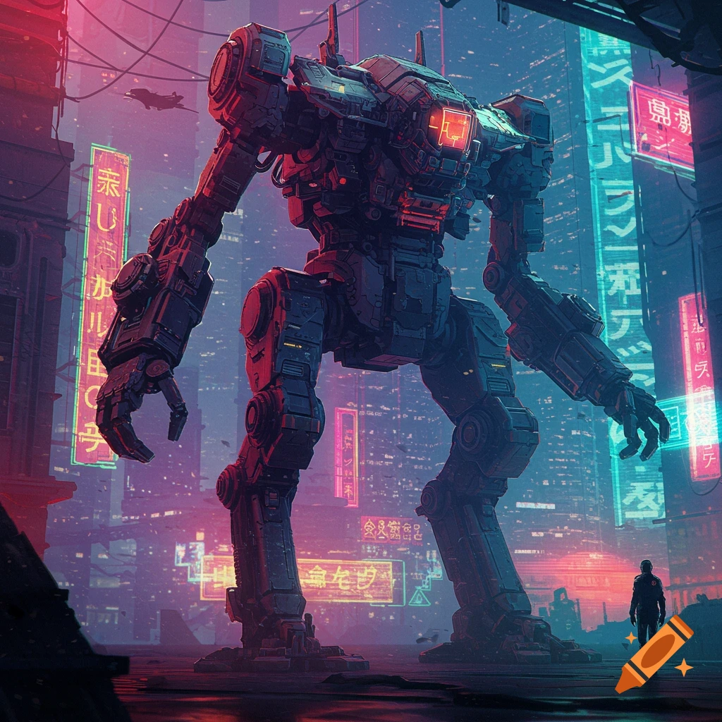 A giant mech stands in a neon-lit cyberpunk city street with a small figure looking up at it.