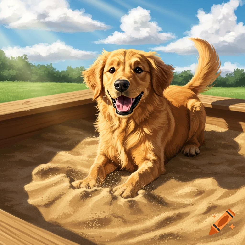 A golden retriever smiles while lying in a wooden sandbox under a sunny sky.