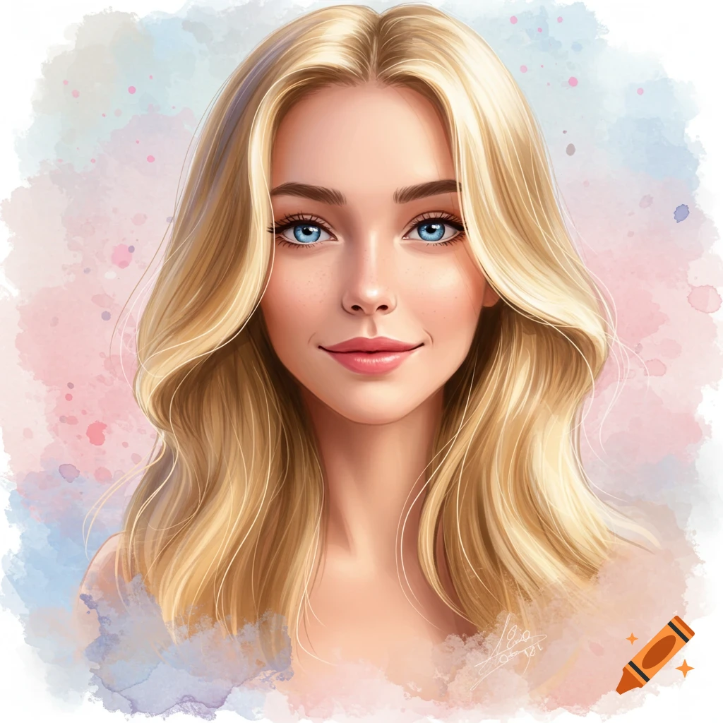 Illustration of a blonde woman with blue eyes smiling against a watercolor background.