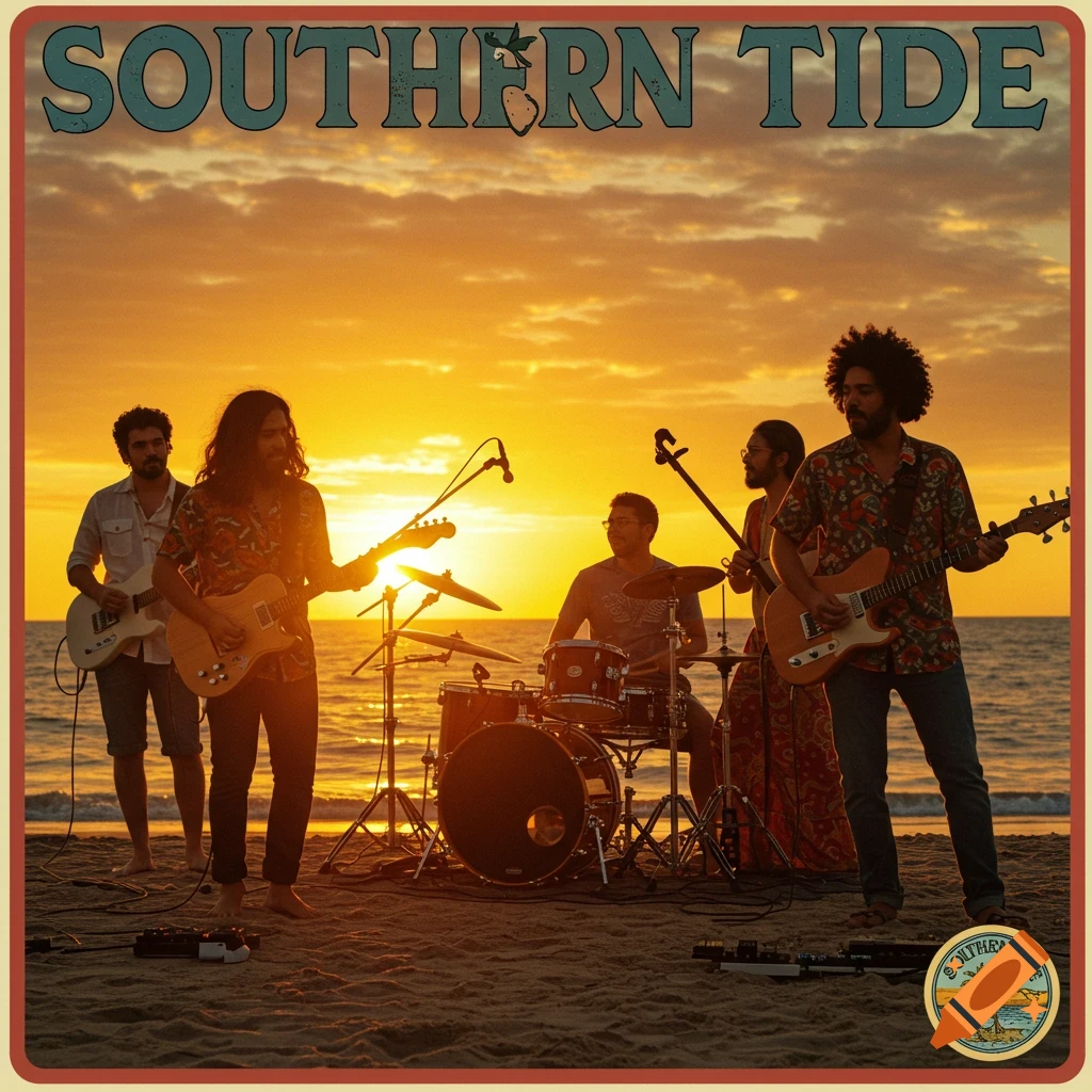Photo realistic poster of a band playing music on a beach at sunset with the band name "Southern Tide" at the top.
