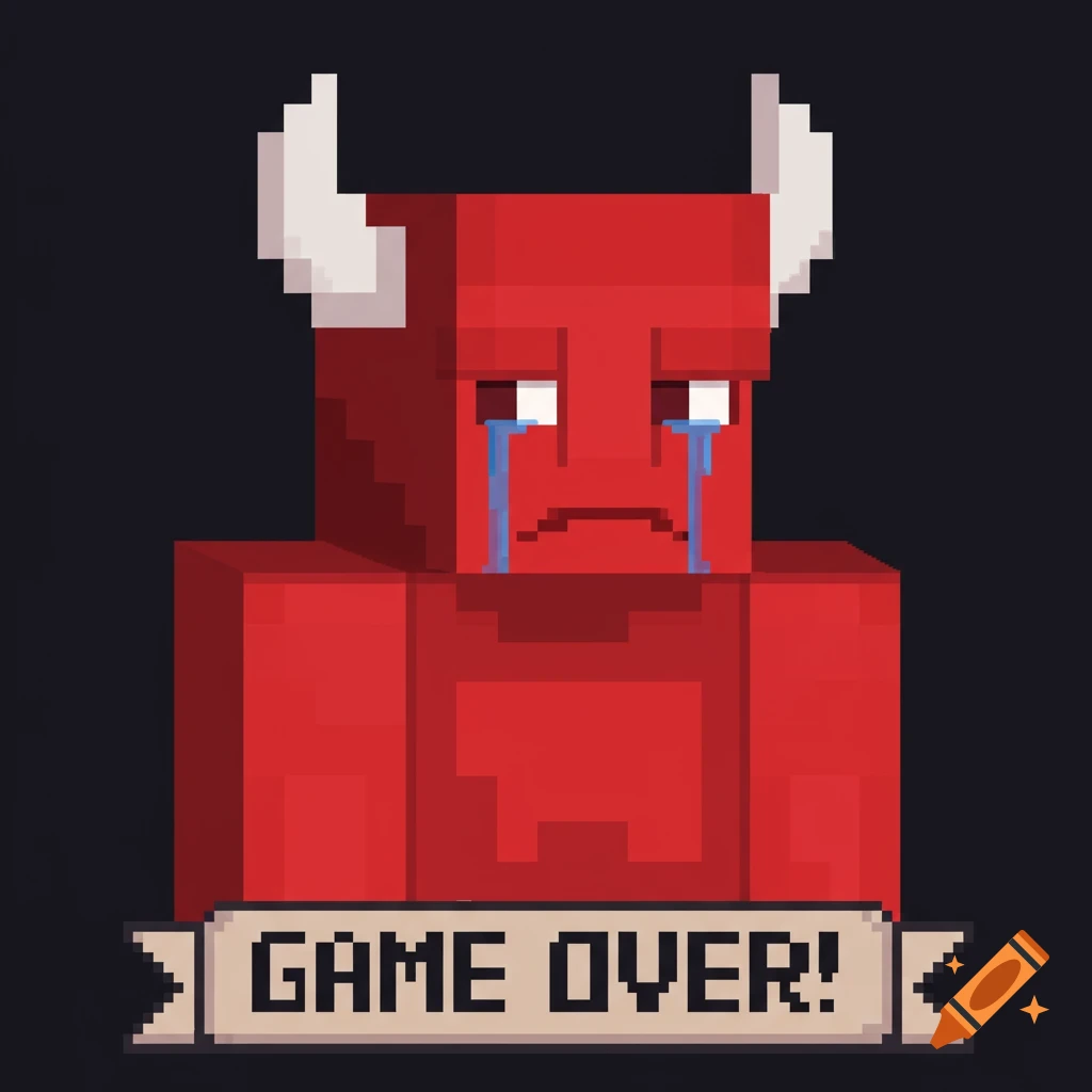 Pixel art illustration of a sad red pixel monster crying with horns, over a banner saying GAME OVER!