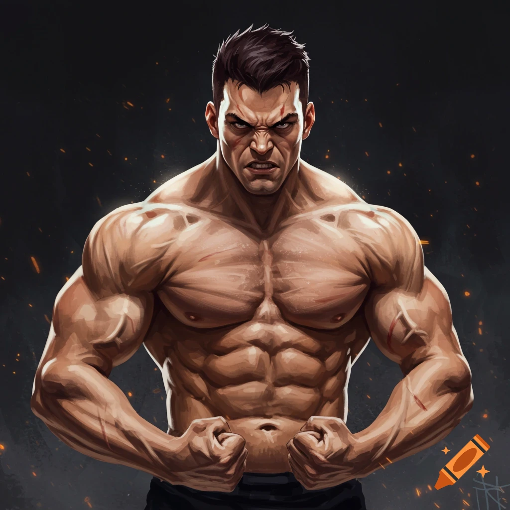 Stylized illustration of a very muscular man flexing with scars on a dark background.