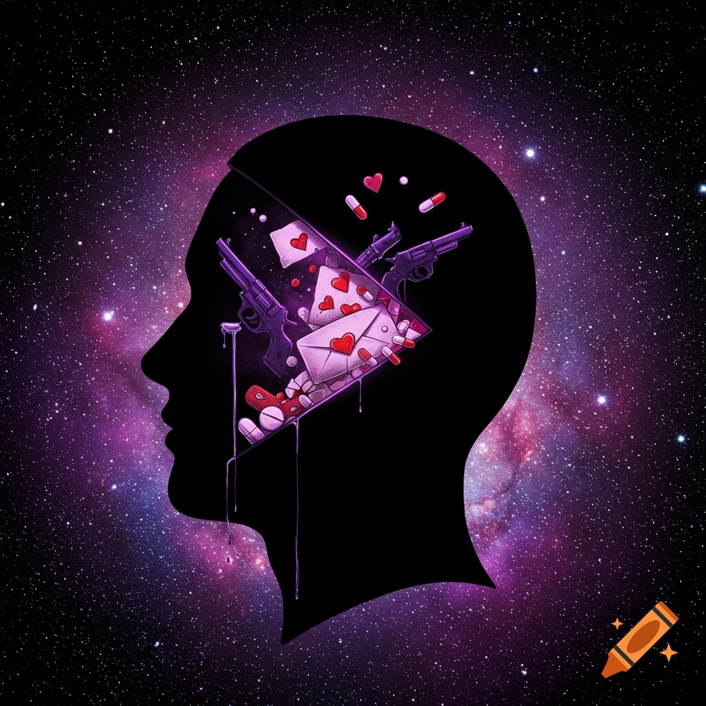 Silhouette of a head in space filled with guns, letters, and pills, with purple tears.
