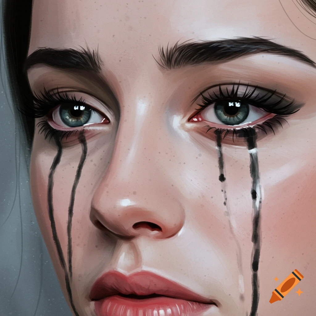 Close-up of a woman's face with mascara running down her cheeks.