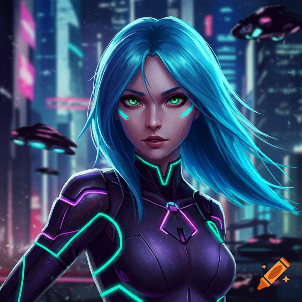 A futuristic woman with blue hair and glowing green eyes in glowing cybernetic armor stands in a city with flying vehicles.