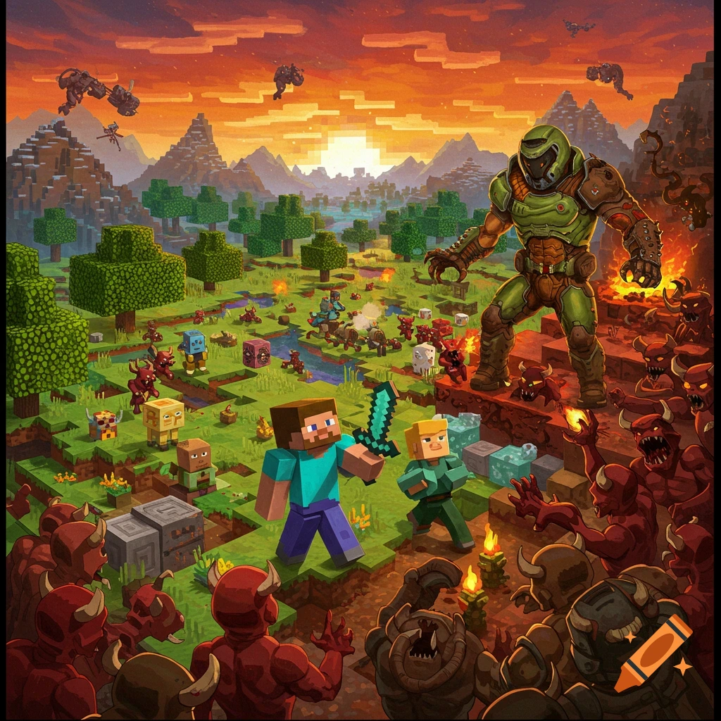 Minecraft characters and Doom Slayer battle demons in a blocky landscape at sunset.