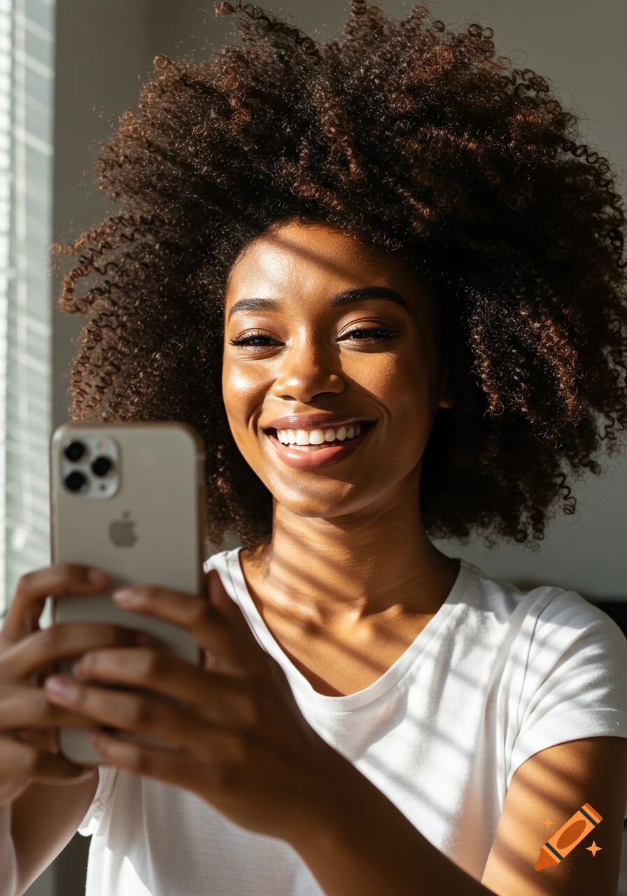 Smiling Black woman takes a selfie with her phone, shadows from blinds fall across her.