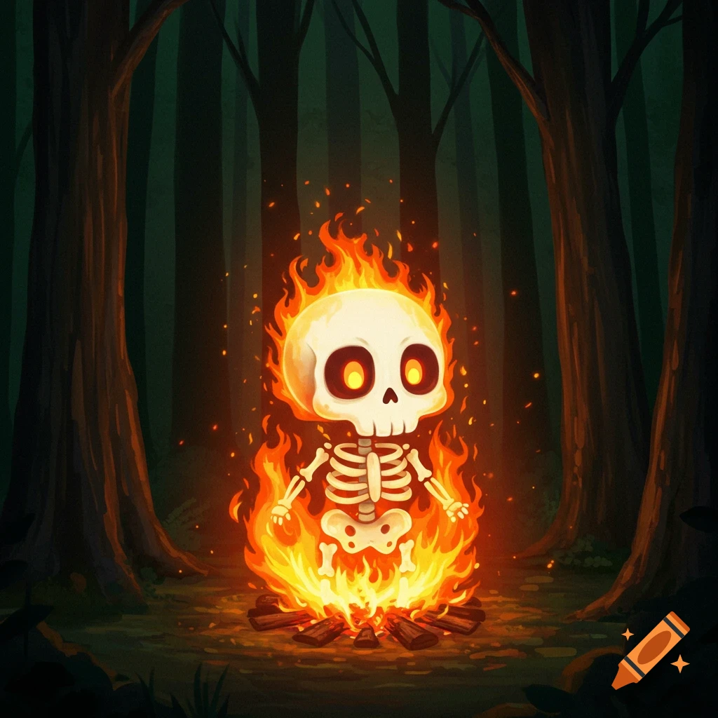 A cute cartoon skeleton standing in a bonfire in a dark forest.