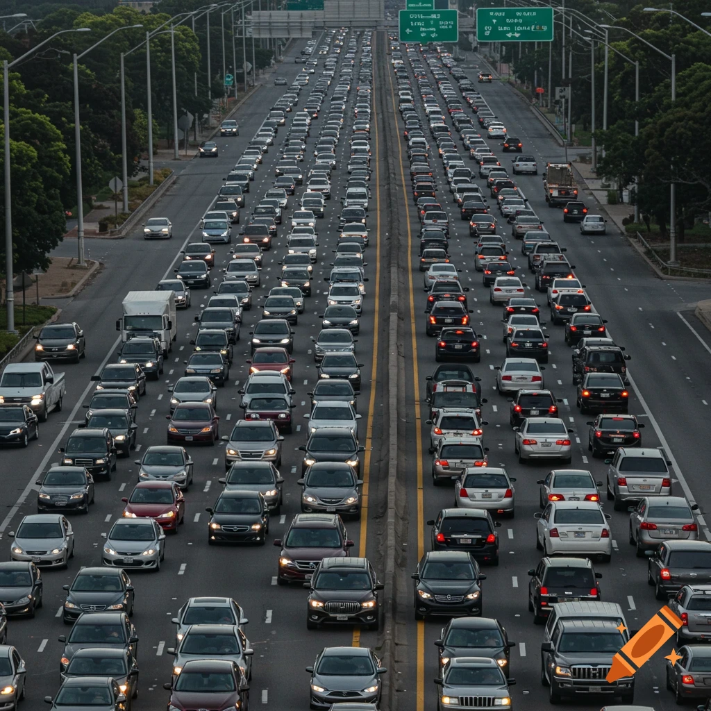 Aerial view of a massive traffic jam on a multi-lane highway at dusk.